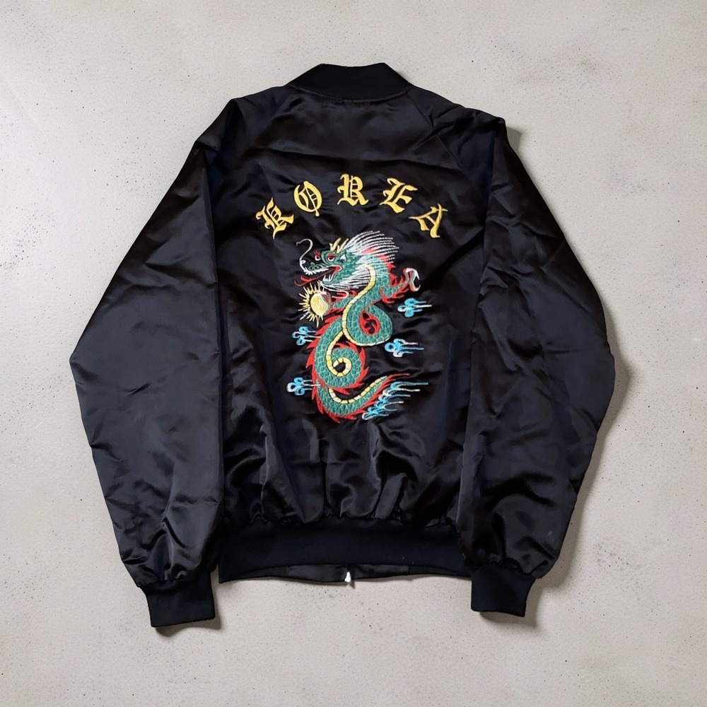 Vintage 1999 Korea Dragon Souvenir Bomber Jacket Mens M Black